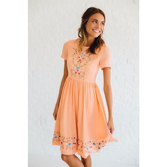 Clad And Cloth Dress Women’s XS Fit and Flare Embroidered Floral Peach Spring - Picture 2 of 10